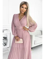 414-2 KLARA plisované šaty s páskem a výstřihem - pudrově růžové