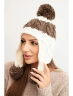 Dámská zimní čepice z vlny s bambulkami a ušnicemi K447 ecru + mocca