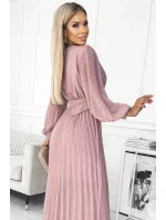 414-2 KLARA plisované šaty s páskem a výstřihem - pudrově růžové