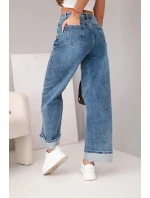 Dámské kalhoty s širokými nohavicemi a zdobeným spodním lemem džínové modré
