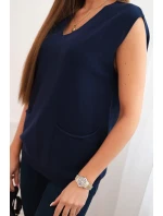 Dámský viskózový svetr bez rukávů s kapsami a výstřihem do V modrý