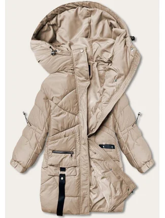 Dámská péřová bunda ve velbloudí barvě s ozdobnými páskami (AG2-J85) Dámská péřová bunda ve velbloudí barvě s ozdobnými páskami (AG2-J85)