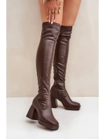 Přiléhavé kozačky nad kolena na podpatku tmavě hnědé Sanniraen