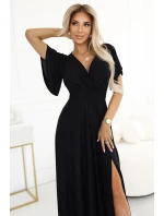 581-1 JENNIFER lesklé dlouhé šaty s rukávy a výstřihem - ČERNÉ S BROKEREM