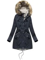 Tmavě modrá dámská bunda typu parka s mechovitou kožešinovou podšívkou a s kapucí (7602BIG)