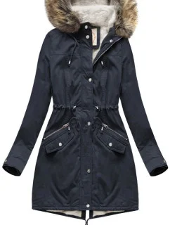 Tmavě modrá dámská bunda typu parka s mechovitou kožešinovou podšívkou a s kapucí (7602BIG)