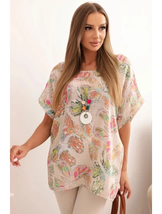 Dámská bavlněná blůza s motivem motýlů s krátkým rukávem béžová