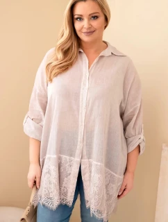 Dámská košile Plus Size bavlněná s krajkovým lemem světle béžová
