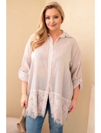 Dámská košile Plus Size bavlněná s krajkovým lemem světle béžová