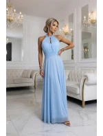662-1 Elegantní maxi večerní šaty na ramínka s tylem a zavazováním v pase - modré