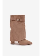 Zateplené dámské kotníkové boty na podpatku s ozdobným páskem khaki Luvielle