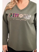 Dámská mikina Plus Size s nápisem a výstřihem do V khaki
