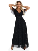 635-2 MELANIA dlouhé lesklé šaty s výstřihem a krátkými rukávy - černé 635-2 MELANIA dlouhé lesklé šaty s výstřihem a krátkými rukávy - černé