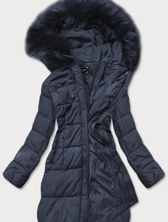 Tmavě modrá dámská prošívaná zimní bunda s kapucí (7757)