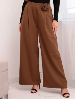 Dámské kalhoty elegantní se širokou nohavicí a ozdobným květem světle hnědé