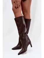 Dámské kozačky na jehlovém podpatku s prošitím Olyvia – čokoládové Dámské kozačky na jehlovém podpatku s prošitím Olyvia – čokoládové