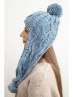 Dámská zimní čepice vlněná s bambulkami a prodlouženými boky K448 tyrkysová