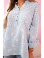 Lněná dámská halenka s květinovým vzorem, dlouhými rukávy a knoflíky Modrá