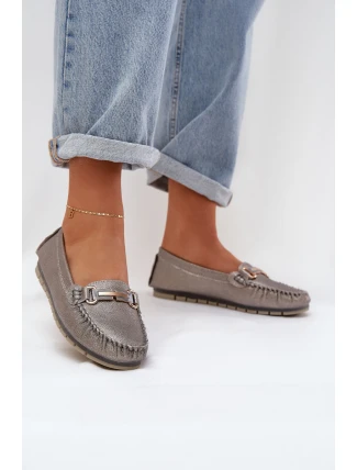 Třpytivé Plátěné Mokasíny Z Přírodní Kůže D&A LR51-546 Stříbrné