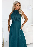 636-4 VERONICA – luxusní dlouhé šaty s brokátovým detailem a elegantním střihem – zelené