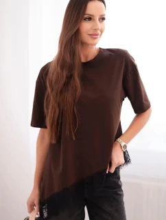 Dámská asymetrická bavlněná blůza s krajkou dole hnědá