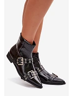 Lakované dámské kotníkové boty na plochém podpatku s pásky a přezkami Černé Hamira