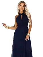 662-3 Elegantní maxi večerní šaty na ramínka s tylem a zavazováním v pase - tmavě modré