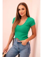 Dámská pruhovaná blůza s výstřihem do V a krátkým rukávem zelená