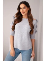 Dámský svetr s krátkým rukávem a ozdobnými mašličkami šedý