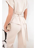 Dámský měkký komplet s halenkou s krátkým rukávem a kalhotami se širokou nohavicí béžový Dámský měkký komplet s halenkou s krátkým rukávem a kalhotami se širokou nohavicí béžový