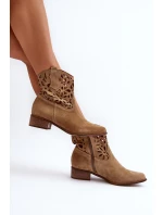 Zazoo 3404 Průhledné boty kovbojky na nízkém podpatku semišové světle béžové