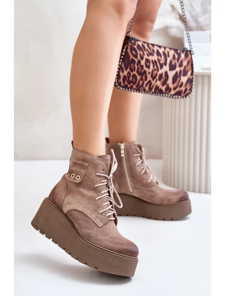 Semišové Dámské Kotníkové Boty Na Platformě A Klínu Zateplené Béžové Zazoo 60499