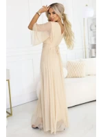 654-2 Dlouhé třpytivé plus size šaty s výstřihem a průhlednými rukávy - šampaňsko-béžové