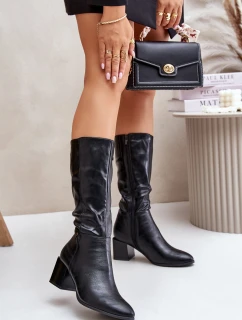 Zateplené kozačky na podpatku z eko kůže do poloviny lýtek černé Ellithira