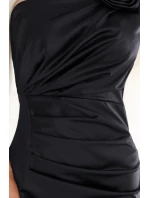 580-6 AURORA dlouhé saténové šaty na jedno rameno s růžemi - černé