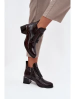 Dámské zateplené lakované kotníkové botky na blokovém podpatku s ozdobným detailem – bordó Zazoo