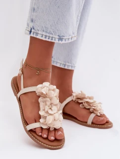Dámské ploché sandály s ozdobnými květinami Jasnobeżowe Noemia