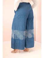 Dámské kalhoty Plus Size se širokými nohavicemi a etnickou výšivkou džínové