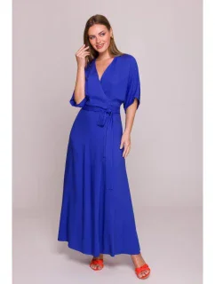 S406 Viskózové maxi šaty se zavinovacím vzorem - modré