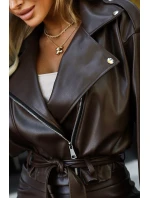 626-4 Bunda z měkké ekokůže ramon s páskem a asymetrickým zipem - hnědá
