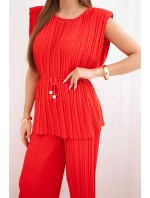 Dámský viskózový plisovaný komplet s vázanou halenkou a širokými kalhotami červený