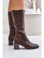 Zateplené kozačky na podpatku z eko kůže do poloviny lýtek hnědé Ellithira