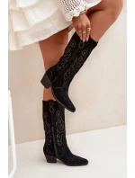 Velurové Dámské Cowboyské Kozáky Na Podpatku Černé Karira