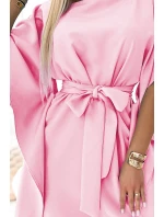 287-30 SOFIA Dámské motýlí šaty se zavazováním v pase - PASTELOVÁ Bledě růžová 287-30 SOFIA Dámské motýlí šaty se zavazováním v pase - PASTELOVÁ Bledě růžová