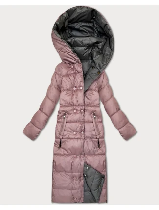 Růžovo-šedá oboustranná zimní bunda v délce ke kolenům Minority (P3-6017-52+61)