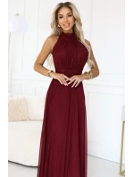 636-1 VERONICA luxusní dlouhé šaty s brokátovým akcentem a elegantní linií - vínová barva