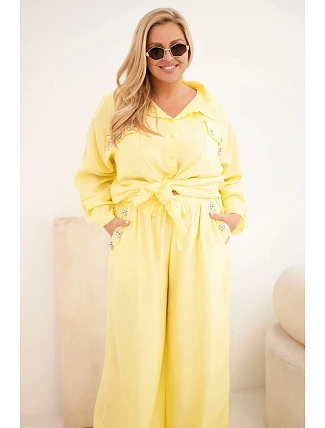 Dámský komplet Plus Size s košilí a širokými kalhotami žlutý Dámský komplet Plus Size s košilí a širokými kalhotami žlutý