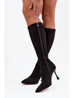 Dámské kozačky na jehlovém podpatku s ozdobou D&A JC52-883 Černé