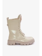 Lakované Zateplené Kotníkové Boty Workery s Ozdobou Béžové Kelilea