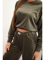 Dámská souprava z veluru s širokými nohavicemi a mikinou s kapucí khaki